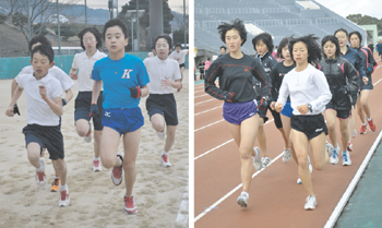 前半に勝負をかける海南市選手㊧、女子の活躍に期待が膨らむ和歌山市選手