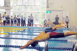 練習の成果を発揮する選手たち - 男女とも和歌山北Ｖ　県高校選手権水泳