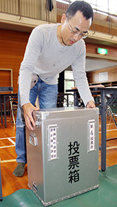 投票箱を設置する和歌山市職員