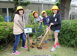 「大きくなーれ」と願いながら植樹する加茂川小学校の児童ら
